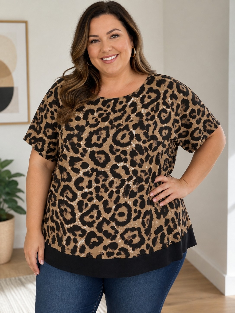 Plus Size Leopard Print Short Sleeve Top - Brown/Black Size XL